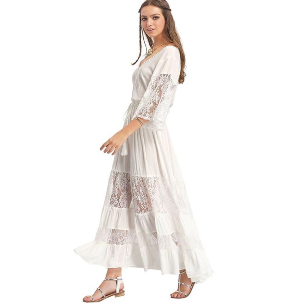 Romantic Tassel Floral Lace White Boho Maxi Dress - Picture 3 of 7